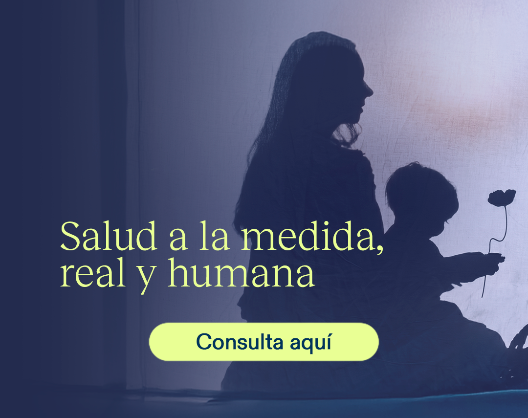 Silhouette of a woman and child with a flower, blue overlay, promoting 'Salud a la medida, real y humana' and a lime rounded 'Consulta aquí' button.