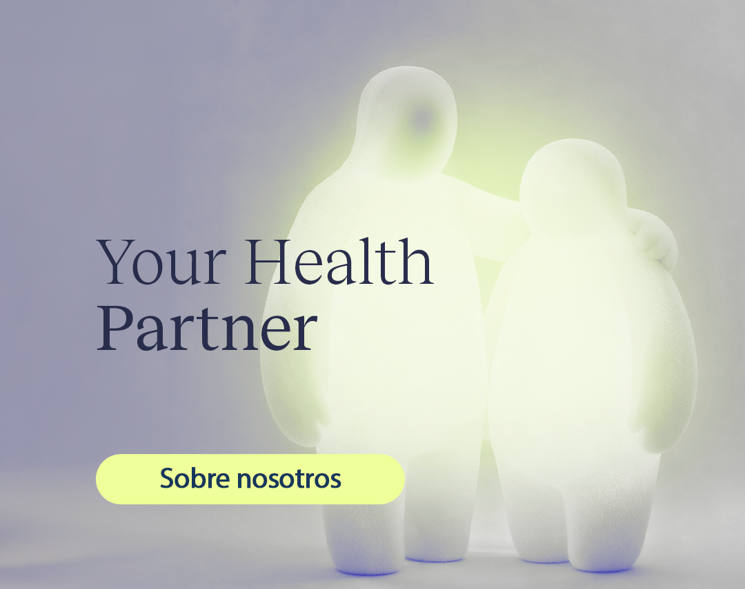 Two glowing figures standing together under the headline 'Your Health Partner' with a bright yellow rounded 'Sobre nosotros' button.
